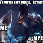 Backups be like | WEN MY BROTHER GETS BULLIED, I GOT HIS BACK; MY BROTHERS; ME; MY BROTHERS | image tagged in siblings,big trouble,bullying,destroy,me,fights | made w/ Imgflip meme maker