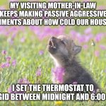 Baby Insanity Wolf | MY VISITING MOTHER-IN-LAW KEEPS MAKING PASSIVE AGGRESSIVE COMMENTS ABOUT HOW COLD OUR HOUSE IS; I SET THE THERMOSTAT TO FRIGID BETWEEN MIDNIGHT AND 6:00 AM | image tagged in memes,baby insanity wolf | made w/ Imgflip meme maker