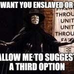 V harder | THEY WANT YOU ENSLAVED OR DEAD; ALLOW ME TO SUGGEST
A THIRD OPTION | image tagged in v for vendetta | made w/ Imgflip meme maker