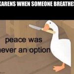 ... | KARENS WHEN SOMEONE BREATHES | image tagged in peace was never an option | made w/ Imgflip meme maker