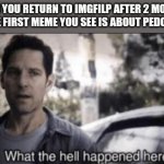 Why is there drama on a meme site | WHEN YOU RETURN TO IMGFILP AFTER 2 MONTHS AND THE FIRST MEME YOU SEE IS ABOUT PEDOPHILES | image tagged in what the hell happened here | made w/ Imgflip meme maker