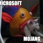 Microsoft destroyed Mojang! | MICROSOFT; MOJANG | image tagged in cat eaten by play-fish | made w/ Imgflip meme maker