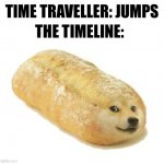 DOGE DOGE DOGE DOGE DOGE | TIME TRAVELLER: JUMPS; THE TIMELINE: | image tagged in breb doge,doge | made w/ Imgflip meme maker