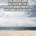 bibleverse1 | PSALMS 22:16

“FOR DOGS HAVE COMPASSED ME: THE ASSEMBLY OF THE WICKED HAVE INCLOSED ME: THEY PIERCED MY HANDS AND MY FEET.”

KING JAMES VERSION (KJV) | image tagged in bibleverse1 | made w/ Imgflip meme maker