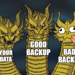 Always have several backups of your data | YOUR
DATA GOOD
BACKUP BAD 
BACKUP | image tagged in king ghidorah | made w/ Imgflip meme maker