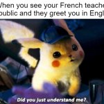 Mrs. Carruthers and Mrs. Marina are the best French teachers. They speak the language of the young people. | When you see your French teacher in public and they greet you in English | image tagged in did you just understand me | made w/ Imgflip meme maker