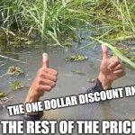 Discount versus price | THE ONE DOLLAR DISCOUNT RN:; THE REST OF THE PRICE | image tagged in flood no worries | made w/ Imgflip meme maker