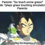 He is speaking the language of gods | Parents: "Go touch some grass!"
Me: *plays grass touching simulator*
Parents: | image tagged in he is speaking the language of gods,grass,touch | made w/ Imgflip meme maker