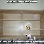 bolt's big moment | RHINO WHAT ARE YOU DOING IN THERE; OH HEY BOLT FUNNY STORY I JUST FOUND THIS RING IN THE CUPBOARDS YOU NEED IT? | image tagged in empty cupboard,dogs,hamster,friends | made w/ Imgflip meme maker