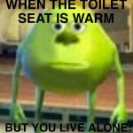 Funny relatable | WHEN THE TOILET SEAT IS WARM BUT YOU LIVE ALONE: | image tagged in sully wazowski | made w/ Imgflip meme maker