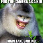 Smiling snub nose monkey meme | ME FAKE SMILING FOR THE CAMERA AS A KID; MACE FAKE SMILING FOR THE CAMERA AS A ADULT | image tagged in smiling snub nose monkey meme | made w/ Imgflip meme maker