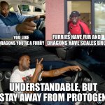 Btw no furry | FURRIES HAVE FUR AND DRAGONS HAVE SCALES BRO; YOU LIKE DRAGONS YOU’RE A FURRY; UNDERSTANDABLE, BUT STAY AWAY FROM PROTOGEN | image tagged in understandable have a nice day,memes,imgflip,anti furry,wings of fire | made w/ Imgflip meme maker