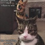 he got a werid mustache | my brother wants the villain to win; me watching a WW2 documentry | image tagged in happy dog and annoyed cat | made w/ Imgflip meme maker