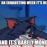 Tired Tom Monday | WHAT AN EXHAUSTING WEEK IT'S BEEN . . . . . . AND IT'S BARELY MONDAY! | image tagged in tired tom,cat,i hate mondays | made w/ Imgflip meme maker