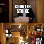 Fire | COUNTER STRIKE; PORTAL; VALVE; HALF LIFE; TF2 | image tagged in community room on fire | made w/ Imgflip meme maker