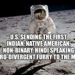 Mooned | U.S. SENDING THE FIRST INDIAN, NATIVE AMERICAN, NON-BINARY, HINDI SPEAKING NEURO-DIVERGENT FURRY TO THE MOON | image tagged in moon landing | made w/ Imgflip meme maker