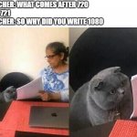resolution | TEACHER: WHAT COMES AFTER 720
ME : 721 
TEACHER: SO WHY DID YOU WRITE 1080 | image tagged in cat teacher | made w/ Imgflip meme maker