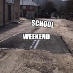 Road Repaired Patch | SCHOOL; WEEKEND; SCHOOL | image tagged in road repaired patch | made w/ Imgflip meme maker