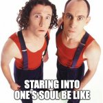 Staring into one's soul be like | STARING INTO ONE'S SOUL BE LIKE | image tagged in the umbilical brothers | made w/ Imgflip meme maker