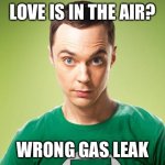 Love is in the air? | LOVE IS IN THE AIR? WRONG GAS LEAK | image tagged in sheldon cooper,gas leak,memes | made w/ Imgflip meme maker