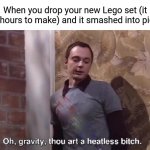Its been a minute since I've posted anything here | When you drop your new Lego set (it took hours to make) and it smashed into pieces: | image tagged in oh gravity thou art a heartless bitch,lego,memes,funny | made w/ Imgflip meme maker
