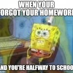 total chaos of 3 braincells | WHEN YOUR FORGOT YOUR HOMEWORK; AND YOU'RE HALFWAY TO SCHOOL | image tagged in inside screaming spongebob | made w/ Imgflip meme maker