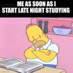 Me when Studying | ME AS SOON AS I START LATE NIGHT STUDYING | image tagged in homer simpson sleeping,students,studying | made w/ Imgflip meme maker