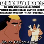 Two points, actually. | TECHNICALLY TRUE FACTS; THE STATE OF WYOMING HAS A SMALLER POPULATION THAN FLORIDA AND NEW YORK COMBINED, AND AN AREA MORE THAN FIVE FOOTBALL FIELDS. | image tagged in no no he's got a point | made w/ Imgflip meme maker