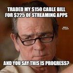 my face when someone asks a stupid question | TRADED MY $150 CABLE BILL FOR $225 OF STREAMING APPS; MEMEs by Dan Campbell; AND YOU SAY THIS IS PROGRESS? | image tagged in my face when someone asks a stupid question | made w/ Imgflip meme maker
