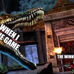 me in games be like | ME: WHEN I LOSE THE GAME; THE WINNER | image tagged in guy shooting at spinosaurus,meme,funny | made w/ Imgflip meme maker