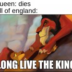 queen of england DIES | queen: dies
all of england:; LONG LIVE THE KING | image tagged in long live the king,queen dies,elizabeth ii dies,memes,funny,england | made w/ Imgflip meme maker