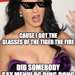 katy perry | CAUSE I GOT THE GLASSES OF THE TIGER THE FIRE; DID SOMEBODY SAY MENULOG DING DONG | image tagged in katy perry | made w/ Imgflip meme maker