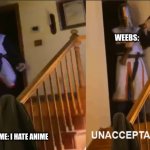 Unacceptable | WEEBS:; ME: I HATE ANIME | image tagged in unacceptable,weeb,i hate anime | made w/ Imgflip meme maker