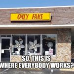 Only Fans | SO, THIS IS WHERE EVERYBODY WORKS? | image tagged in only fans store | made w/ Imgflip meme maker