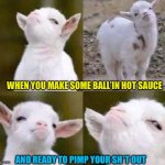 Everyone makes hot sauce so that idea won’t go far, can’t stop drinking it tho | WHEN YOU MAKE SOME BALL’IN HOT SAUCE; AND READY TO PIMP YOUR SH*T OUT | image tagged in smug goat | made w/ Imgflip meme maker