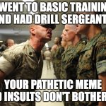 Your pathetic meme and insults | I WENT TO BASIC TRAINING AND HAD DRILL SERGEANTS; YOUR PATHETIC MEME AND INSULTS DON'T BOTHER ME | image tagged in drill sergeant,boot camp | made w/ Imgflip meme maker