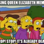 STOP IT ITS DUMB NOW | USING QUEEN ELIZABETH MEME'S | image tagged in stop stop it's already dead,queen elizabeth,dead,stop it,reeeeeeeeeeeeeeeeeeeeee | made w/ Imgflip meme maker