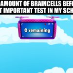 My new meme template! Feel free to use it :) | MY AMOUNT OF BRAINCELLS BEFORE MY MOST IMPORTANT TEST IN MY SCHOOL LIFE | image tagged in zero remaining | made w/ Imgflip meme maker