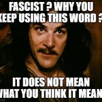 I do not think that word mean what you think it means | FASCIST ? WHY YOU KEEP USING THIS WORD ? IT DOES NOT MEAN WHAT YOU THINK IT MEANS | image tagged in i do not think that word mean what you think it means | made w/ Imgflip meme maker
