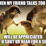 my friend vs me | ME WHEN MY FRIEND TALKS TOO MUCH; WILL BE APPRECIATED IF U SHUT UR BEAK FOR A SEC | image tagged in my friend vs me | made w/ Imgflip meme maker