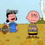 40 subpoenas, folks! We've really got him this time! | dems; also dems; Trump | image tagged in lucy football and charlie brown | made w/ Imgflip meme maker