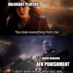 Valorant | VALORANT PLAYERS; QUEUE DODGING; AFK PUNISHMENT | image tagged in you took everything from me | made w/ Imgflip meme maker