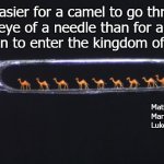 camels in the eye of a needle | It is easier for a camel to go through 
the eye of a needle than for a rich
person to enter the kingdom of God. Matthew 19:24
Mark 10:25
Luke 18:25; Angel Soto | image tagged in religion,bible verse,camel,needle,rich people,heaven | made w/ Imgflip meme maker