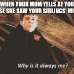 Comment a smiley if this happens to you | WHEN YOUR MOM YELLS AT YOU BECAUSE SHE SAW YOUR SIBLINGS' MISCHIEF | image tagged in why is it always me,siblings | made w/ Imgflip meme maker