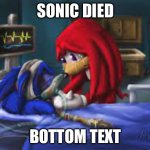 Sonic hospital bed | SONIC DIED; BOTTOM TEXT | image tagged in sonic hospital bed,sonic the hedgehog,knuckles,bottom text | made w/ Imgflip meme maker