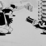 Oswald pointing a gun at stranger meme