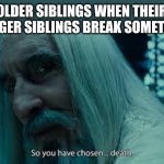 Siblings | OLDER SIBLINGS WHEN THEIR YOUNGER SIBLINGS BREAK SOMETHING | image tagged in so you have chosen death eh | made w/ Imgflip meme maker