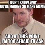 SO MANY MEMES | I DON'T KNOW WHY YOU'RE MAKING SO MANY MEMES; AND AT THIS POINT I'M TOO AFRAID TO ASK | image tagged in andy dwyer | made w/ Imgflip meme maker