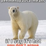 Yes, even if it's snowing | perimenopausal means; if I say it's hot; you don't argue | image tagged in lonely polar bear,women,heat,menopause | made w/ Imgflip meme maker
