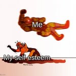 Relatable | Me; My self esteem | image tagged in doom guy elbow dropping a demon | made w/ Imgflip meme maker